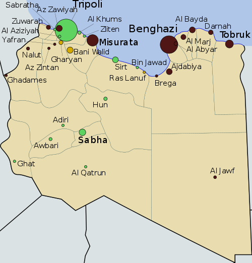 Libyan Uprising, by Libyan_Uprising.svg: Rafy, en:User:Interchange88 derivative work: War.dog (Libyan_Uprising.svg) [CC0 (creativecommons.org/publicdomain/zero/1.0/deed.en)], via Wikimedia Commons