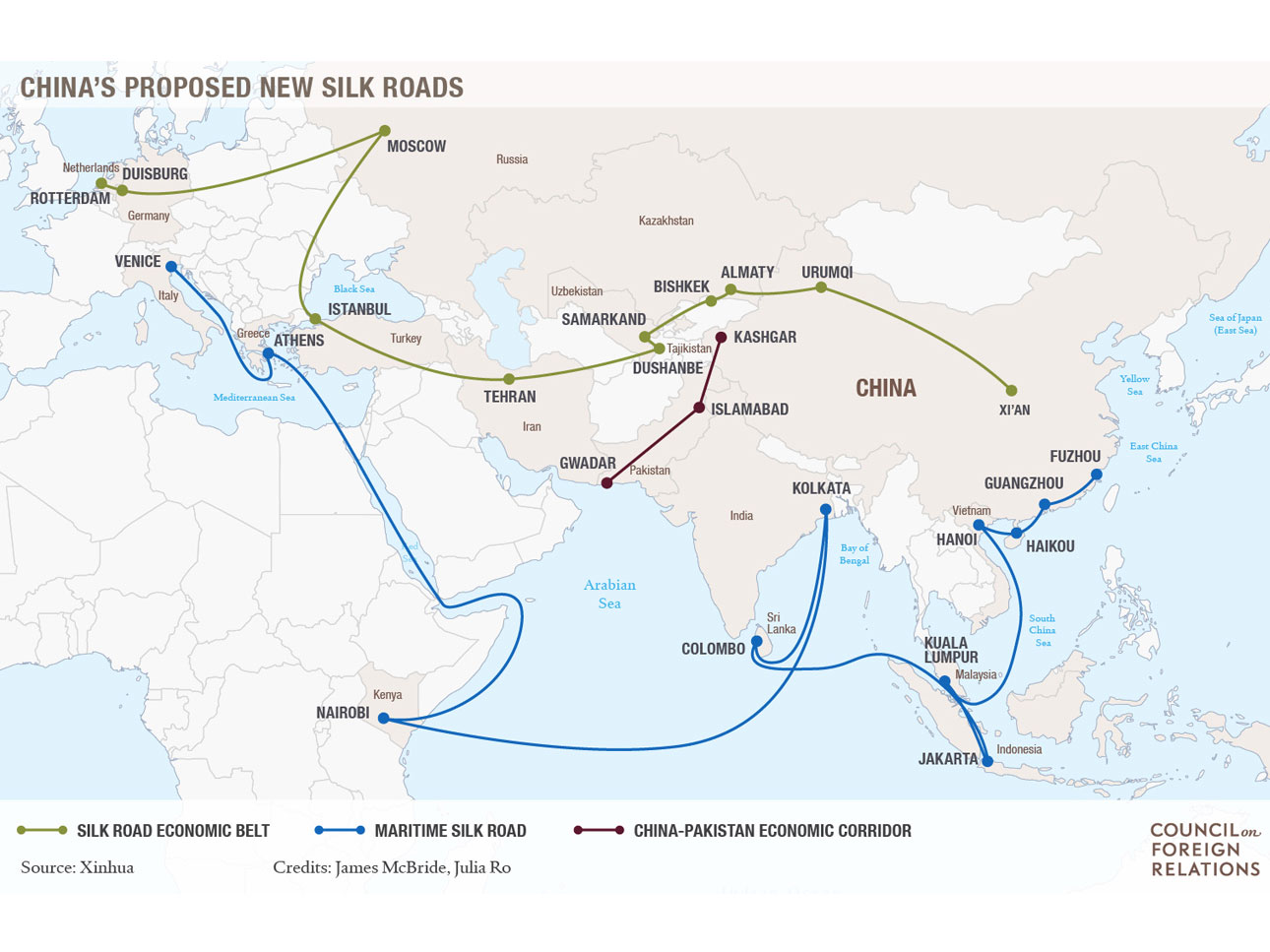 A map showing China's new silk roads.